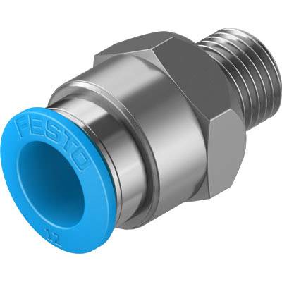 Metallisches Pneumatik-Fitting mit blauem Anschlussring und Gewinde. Geeignet für Druckluftsysteme, Herstellerlogo auf dem Ring.