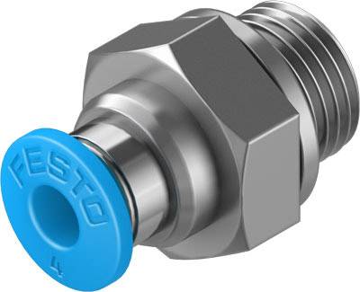Metallverbinder mit blauer Kappe, 'FESTO' graviert, geeignet für pneumatische Anwendungen.