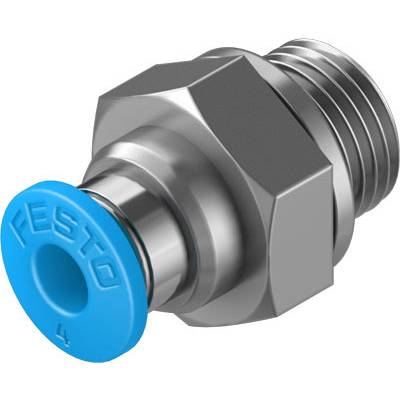 Metallverbinder mit blauer Kappe, 'FESTO' graviert, geeignet für pneumatische Anwendungen.