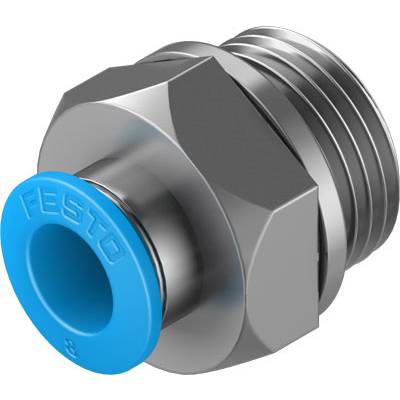 Ein Metallanschluss mit einem blauen Abdeckungsring. Der Anschluss hat ein Gewinde und ist vermutlich für die Verbindung von Schläuchen geeignet.