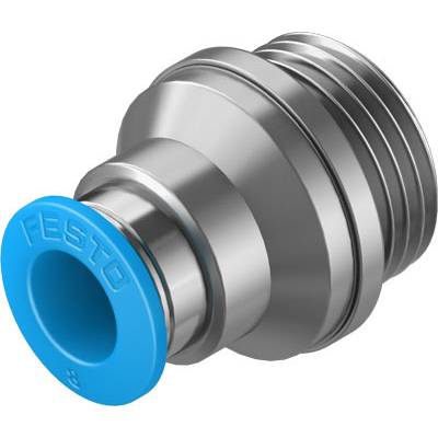Metallischer Pneumatikanschluss mit blauer Dichtung, seitlich betrachtet. Geeignet für Druckluftsystemverbindungen.