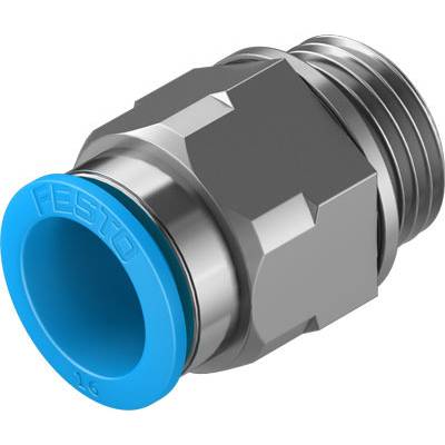 Metallisches Verbindungsstück mit sechseckiger Form, blauer Einführsektion und Schraubgewinde für Druckluftsysteme von Festo.