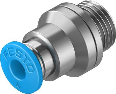 Metallische Pneumatik-Schnellkupplung mit blauer Kunststoffkappe, markiert mit 'Festo', zur Verbindung von Druckluftschläuchen.