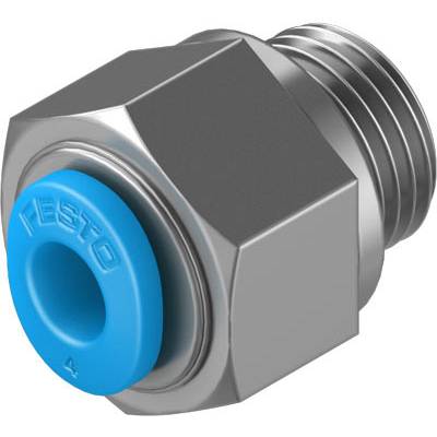 Verschraubung mit blauer Dichtung, speziell von Festo. Es handelt sich um ein Verbindungselement in pneumatischen Systemen.