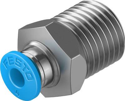 Ein vernickelter Anschlussstutzen mit blaublättrigem Steckverschluss, geeignet für Druckluftsysteme von der Marke Festo.
