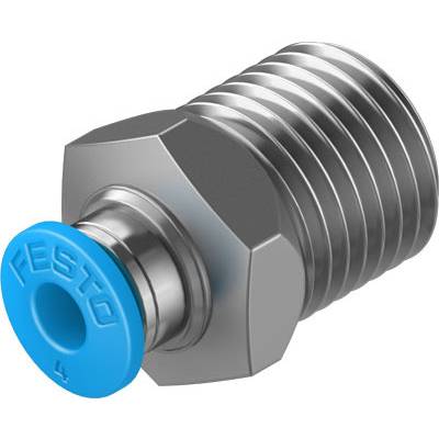Ein vernickelter Anschlussstutzen mit blaublättrigem Steckverschluss, geeignet für Druckluftsysteme von der Marke Festo.
