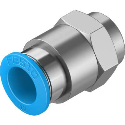 Ein silberner Metallverbinder mit blauer Kunststoffkappe von der Marke Festo. Verbindungsstück für pneumatische Anwendungen.