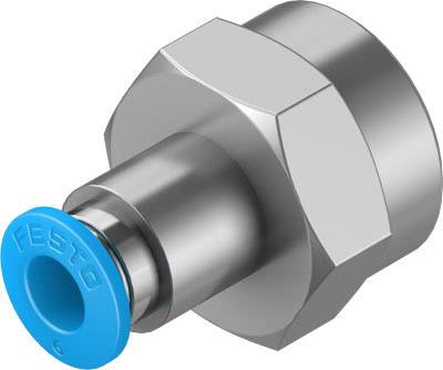 Metalladapter mit einer blauen Kunststoffkappe, wahrscheinlich ein Pneumatikanschluss, markiert mit 'Festo'.