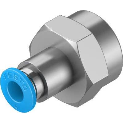 Metalladapter mit einer blauen Kunststoffkappe, wahrscheinlich ein Pneumatikanschluss, markiert mit 'Festo'.