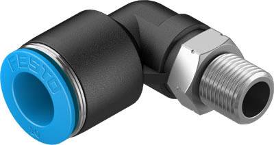 Ein 90-Grad-Winkelverbinder mit schwarzem Gehäuse und blauer Dichtung, vermutlich für pneumatische oder hydraulische Anwendungen.