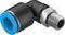 Ein 90-Grad-Winkelverbinder mit schwarzem Gehäuse und blauer Dichtung, vermutlich für pneumatische oder hydraulische Anwendungen.