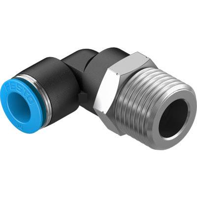 Ein schwarzer Winkelanschluss mit blauer und silberner Verschraubung für Pneumatik- oder Hydrauliksysteme.