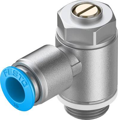 'Metallisches Pneumatik-Bauteil mit blauer Kappe und Gewinde, wahrscheinlich für Luftdrucksteuerung oder -regelung, von der Marke Festo.'