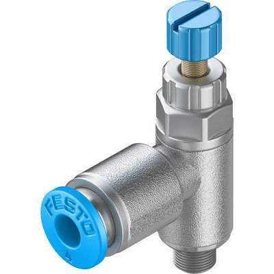 Ein pneumatisches Ventil mit blauem Drehknauf und silbernem Gehäuse, zum Einstellen des Luftstroms in technischen Anwendungen.
