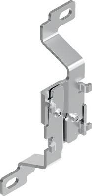Ein Metallhalter, möglicherweise für Montagezwecke, mit mehreren Bohrlöchern und Haken zur Befestigung.