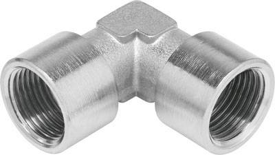 Ein silbernes Rohrverbindungsstück in Form eines L-Winkels, mit zwei offenen Gewinden an jedem Ende, aus Metall gefertigt.