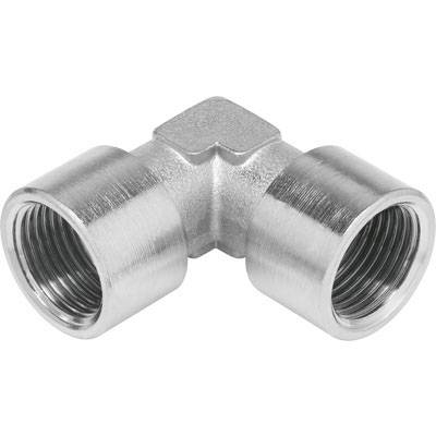 Ein silbernes Rohrverbindungsstück in Form eines L-Winkels, mit zwei offenen Gewinden an jedem Ende, aus Metall gefertigt.