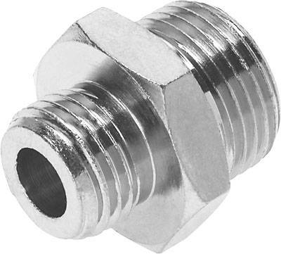 Metalladapter mit Außengewinde an beiden Enden, wahrscheinlich zur Verbindung von Rohren in einem hydraulischen oder pneumatischen System.