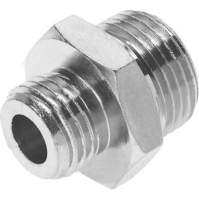 Metallgewinde-Adapter mit zwei Außengewinden, zeigt ein zylindrisches Bauteil mit sechseckigem Mittelteil zum Schrauben.