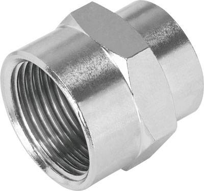 Metallisches Rohrverbindungsstück, beidseitig mit Innengewinde, für Sanitär- und Heizungsinstallationen.