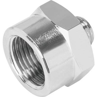 Metallmutter mit Außen- und Innengewinde, glänzende Oberfläche, sechseckige Form, vor weißem Hintergrund.