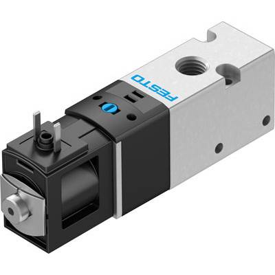 Ein elektrisches Ventil mit der Aufschrift 'Festo', zeigt einen schwarzen und silbernen Körper mit Anschlussstiften oben links.
