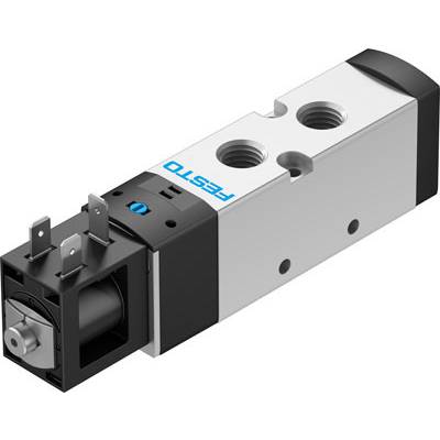 Ventil von Festo, rechteckig, silberfarben mit zwei Anschlüssen und schwarzer Steuerbox. Verwendung in pneumatischen Anwendungen.