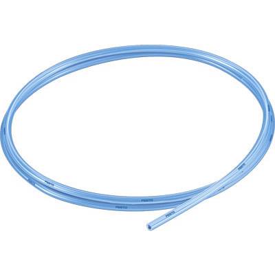 Ein blauer, flexibler Kunststoffschlauch in einer kreisförmigen Anordnung, geeignet für den Transport von Flüssigkeiten oder Gasen.