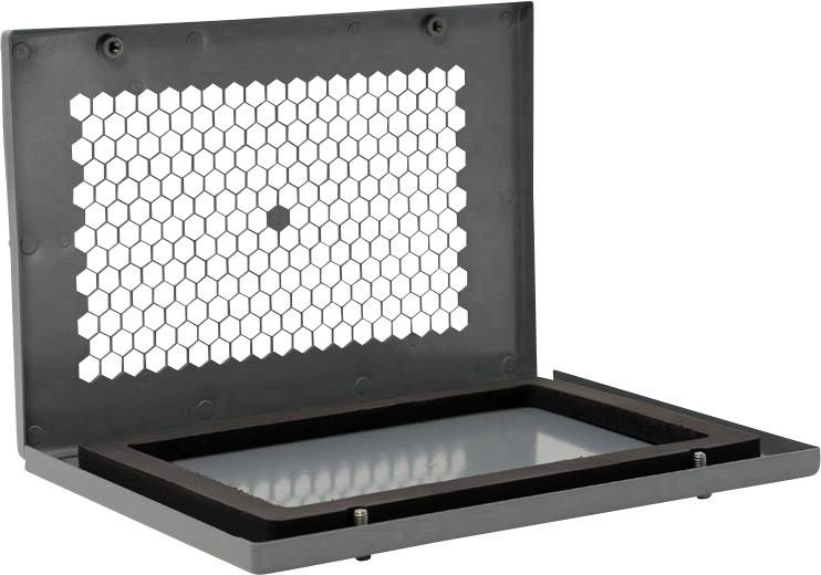 Offener, rechteckiger Metallrahmen mit sechseckigem Gitter und darunterliegender Glasplatte; dient zur Belüftung oder Filterung.