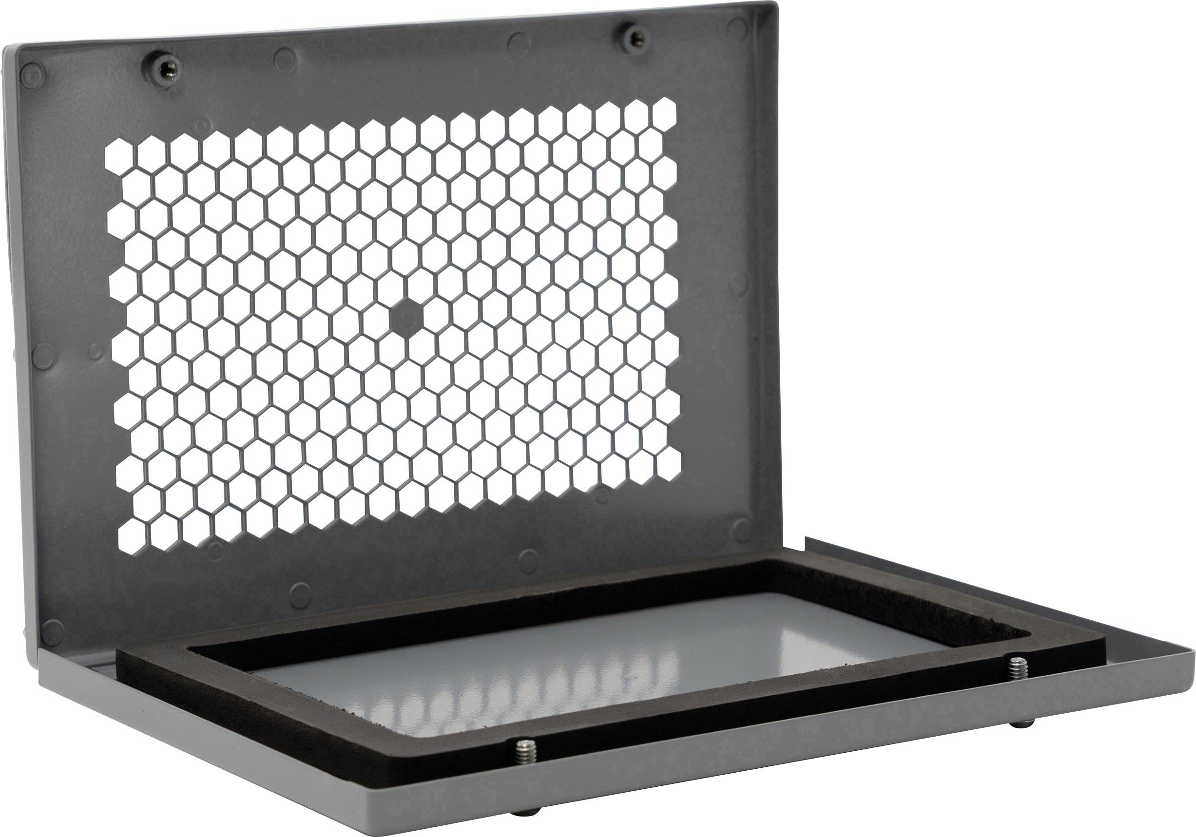 Ein offener Kasten mit Wabenmuster-Abdeckung und gepolsterter Innenseite.