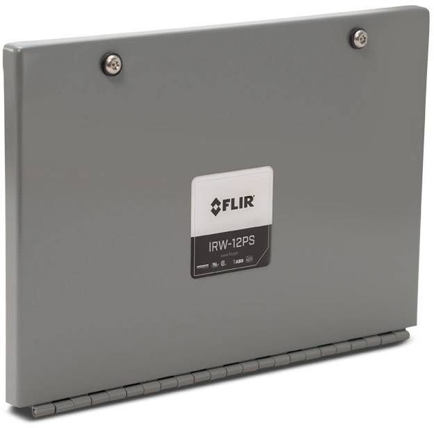 Graue Abdeckung mit FLIR-Logo in der Mitte und Modellbezeichnung 'IRW-12PS'. Ausstattung mit Schrauben an den Ecken befestigt.