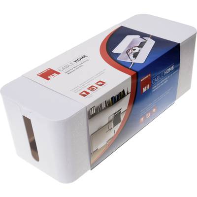 Kabelmanagement-Box mit abnehmbaren Deckel, versteckt und ordnet Kabel. Verpackung zeigt Anwendung mit aufgeräumtem Schreibtisch.