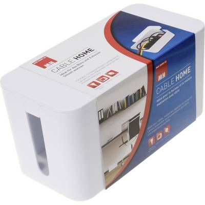 Kabelbox-Produktverpackung mit Logo und Foto eines Schreibtischs. Text erklärt Ordnung für Kabel in Heimbüros und elektronischen Geräten.