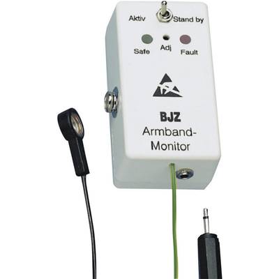 Ein Armband-Monitor mit den Anzeigen: 'Aktiv', 'Stand by', 'Safe', 'Adj', 'Fault'. Sensor und Kabel sind angeschlossen.