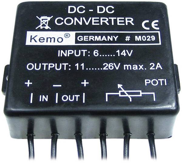 Kemo M029 Gleichspannungswandler Baustein Eingangsspannung (Bereich): 6 - 14 V/DC Ausgangsspannung (Bereich): 11 - 26 V/DC 2 A