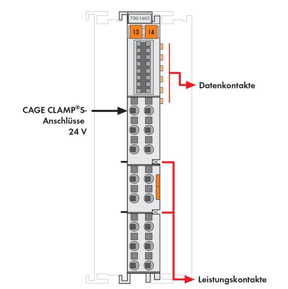 Darstellung eines elektrischen Anschlussmoduls mit Daten- und Leistungskontakten, CAGE CLAMP®-Anschlüsse für 24 V, Nummern '13' und '14'.