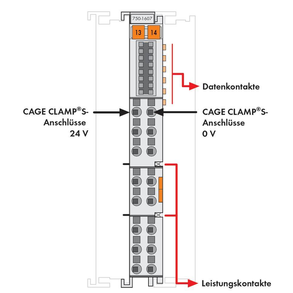 'Diagramm eines elektrischen Anschlussmoduls mit 24V und 0V CAGE CLAMP-Anschlüssen, Daten- und Leistungskontakten links und rechts.'