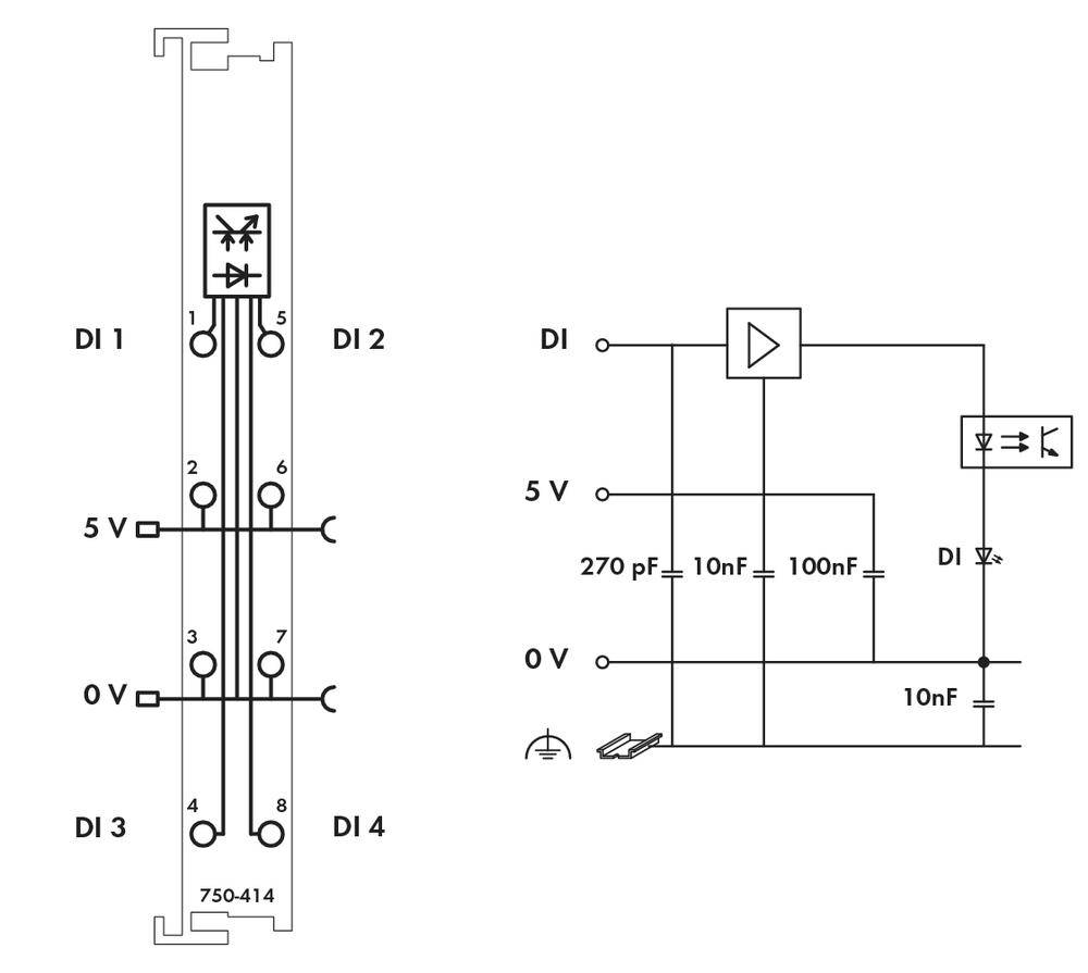 'Elektronisches Schaltbild eines Harting-Adapters: links zeigt Verdrahtung auf Steckplatte mit DI-Pins und 5V/0V-Leistung. Rechts symbolische Darstellung mit Kondensatoren und einem Transistor.'