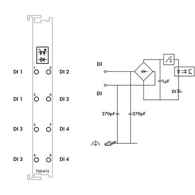 Schaltplan für ein elektrisches Modul, zeigt Dioden, Kondensatoren und Anschlüsse. Links Hauptmodul, rechts Schaltung für DI-Anschlüsse.