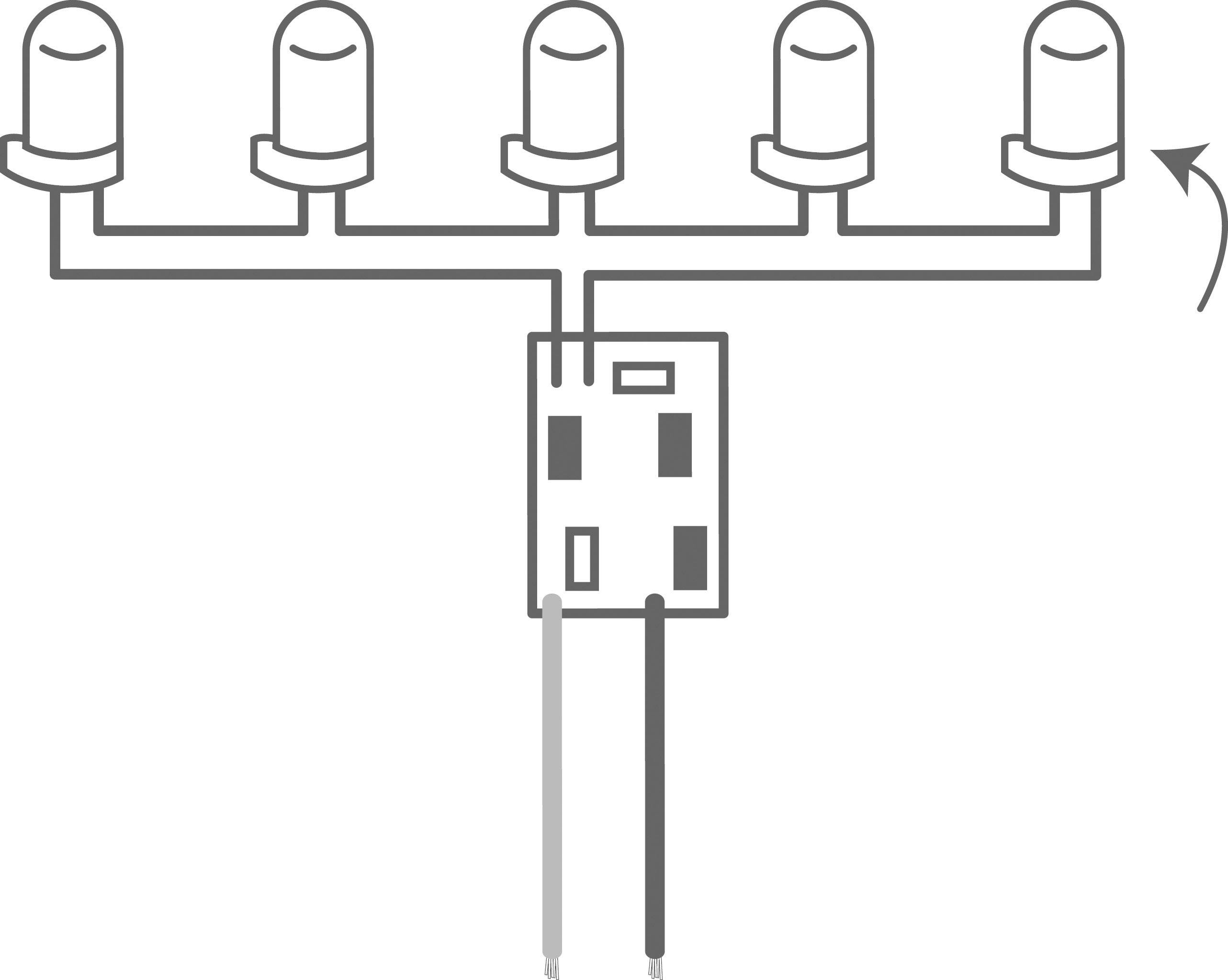 Schaltplan mit fünf LEDs oben, die mit einem zentralen Steuerchip verbunden sind. Zwei Drähte unten führen zum Stromkreis.
