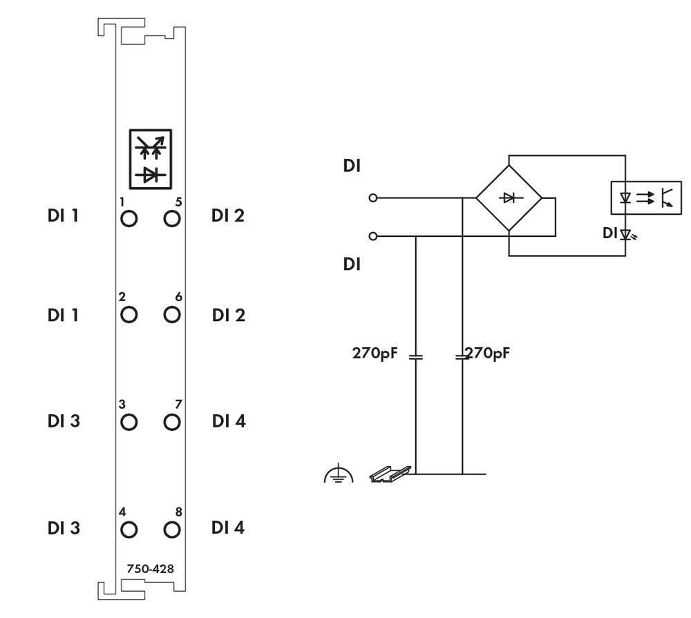Schaltplan eines elektrischen Moduls mit vier digitalen Eingängen (DI 1 bis DI 4) und einer Diode, gekennzeichnet mit 750-428.
