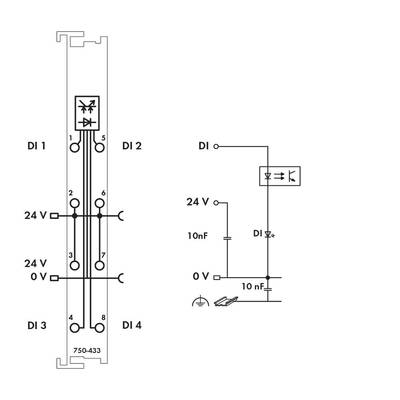 'Schaltplan eines elektrischen Schaltkreises mit vier Eingängen (DI 1 bis DI 4), Stromversorgung (24 V) und zwei Kondensatoren (10 nF).'