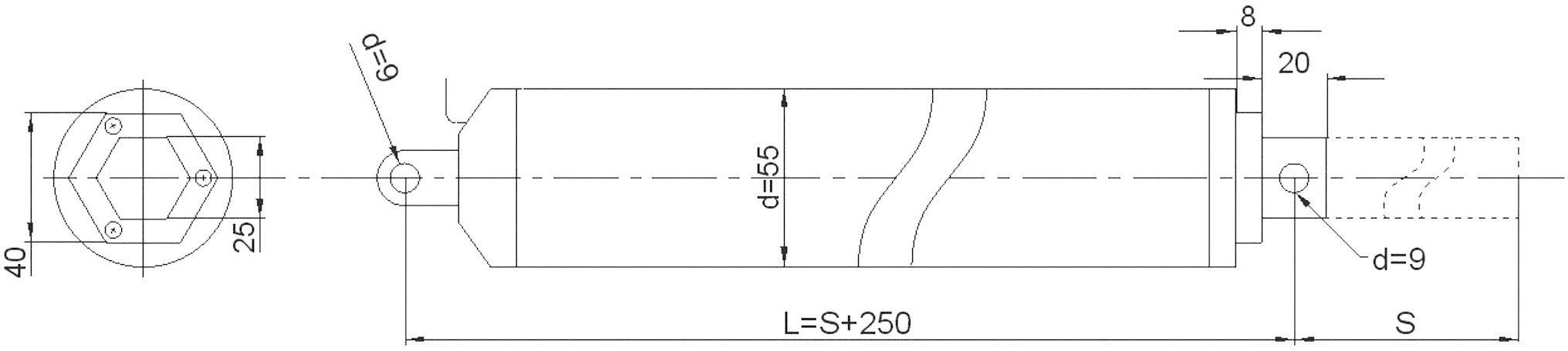Technische Zeichnung eines zylindrischen Bauteils mit detaillierten Bemaßungen. Länge: L=S+250, Durchmesser: d=55, Enden: d=9.