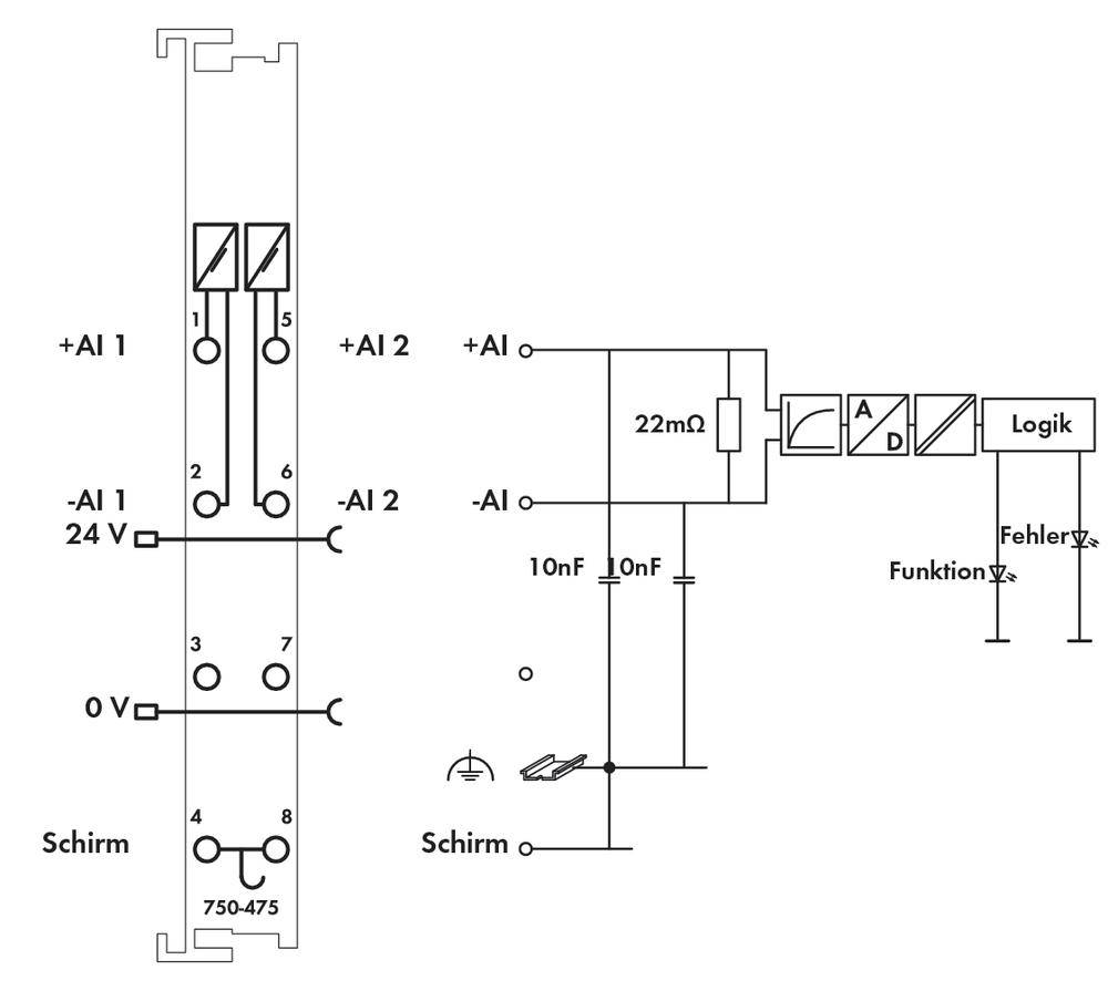 Schaltplan einer elektrischen Schaltung mit Anschlüssen und Bauteilen: Anzeigenmodul (AI1, AI2), Widerstand (22mΩ), Kondensatoren (10nF, 10nF), Schirm-Anschluss.