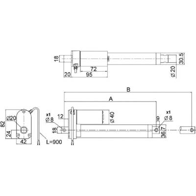 Technische Zeichnung eines Linearantriebs mit Abmessungen: Gesamtlänge L=900 mm, Durchmesser 20 mm. Zeigt verschiedene Ansichten und Maße.