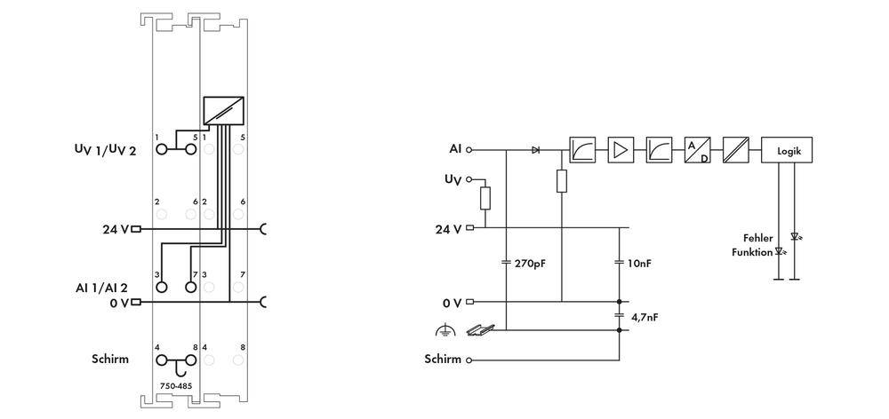 Schema eines elektrischen Schaltkreises mit Anschlüssen für Spannungseingang (Uv), Stromausgang (A1), Schirm und Logikmodul.