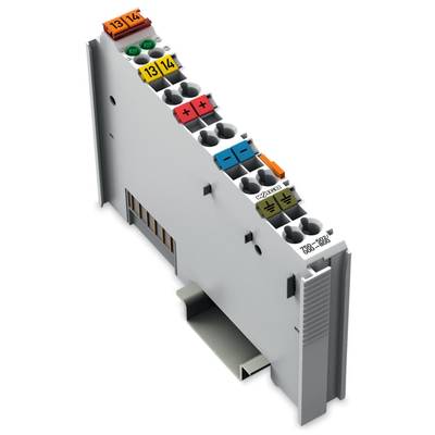 Elektronisches Bauteil für Hutschienenmontage mit mehreren farbigen Anschlüssen. Geeignet für industrielle Anwendungen.