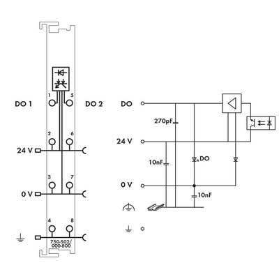 Schaltplan für ein elektronisches Bauteil zeigt Anschlüsse für DO1, DO2, 24V und 0V, mit zugehörigen Kondensatoren und Dioden.