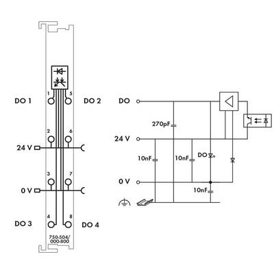 'Schaltplan eines elektronischen Moduls mit vier digitalen Ausgängen (DO1-DO4), Spannung von 24V und Verbindungselementen wie Kondensatoren.'