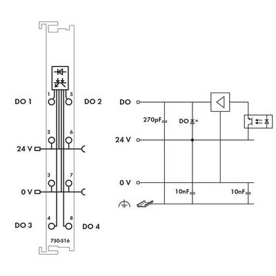 'Schaltplan einer elektronischen Schaltung mit vier digitalen Ausgängen (DO1-DO4), Spannungseingaben 24V, und Kondensatoren zur Rauschunterdrückung (270pF, 10nF).'